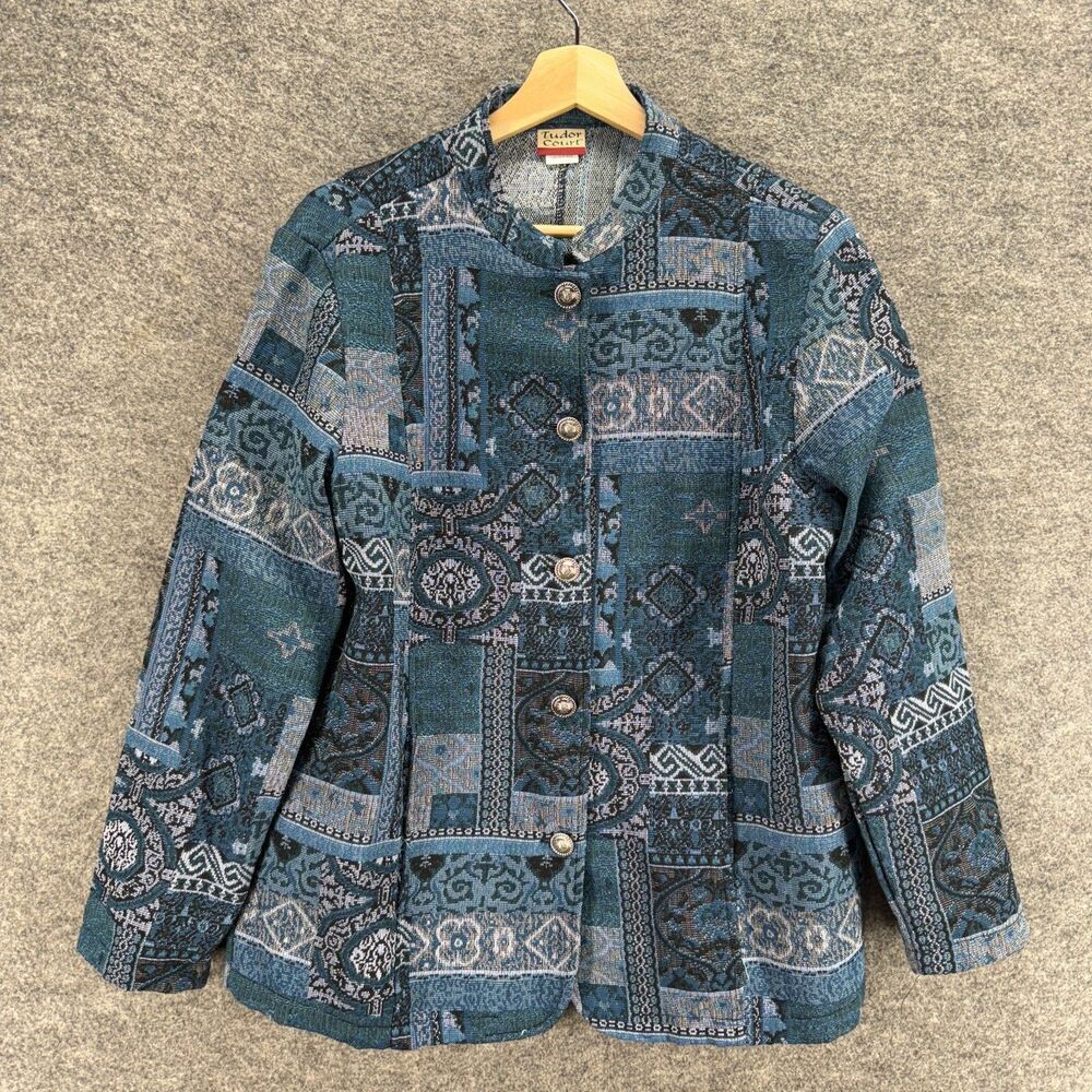 Tudor Court Jacket Women L Large Blue Geometric Button Up Long Sleeve Casual